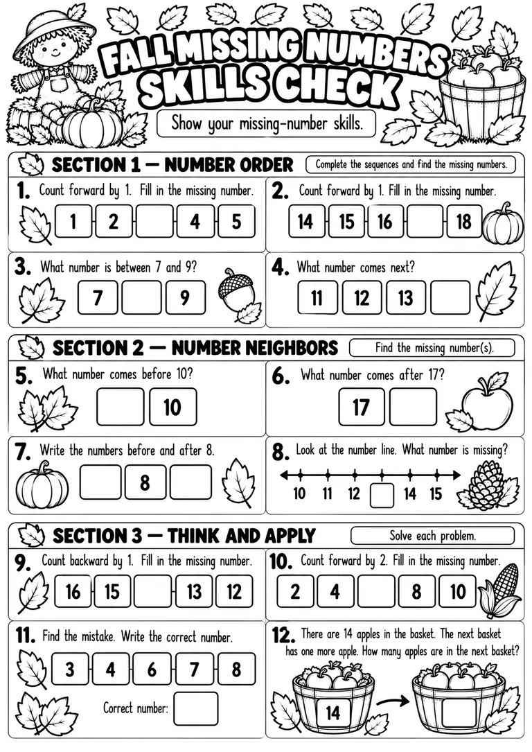 FALL MISSING NUMBERS SKILLS CHECK for Kindergarten, 1st Grade