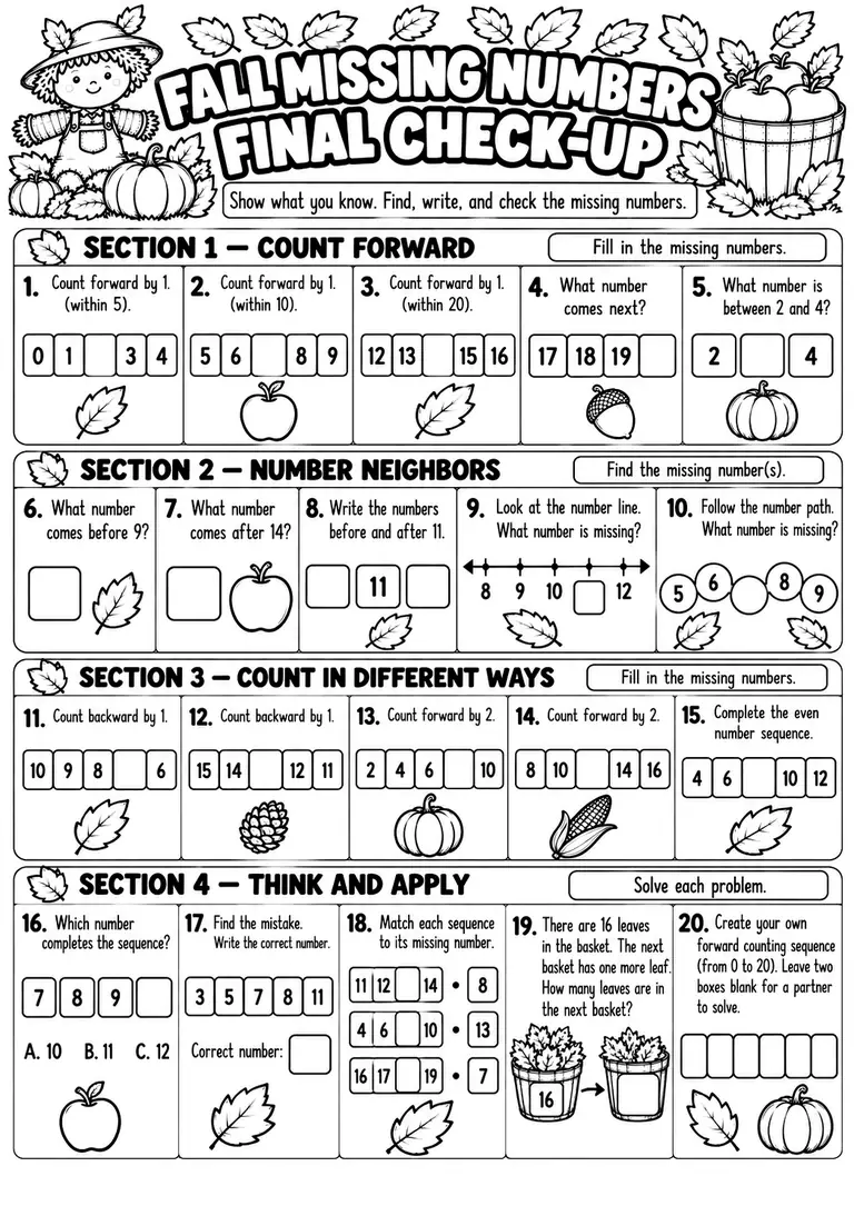FALL MISSING NUMBERS FINAL CHECK-UP for Kindergarten, 1st Grade