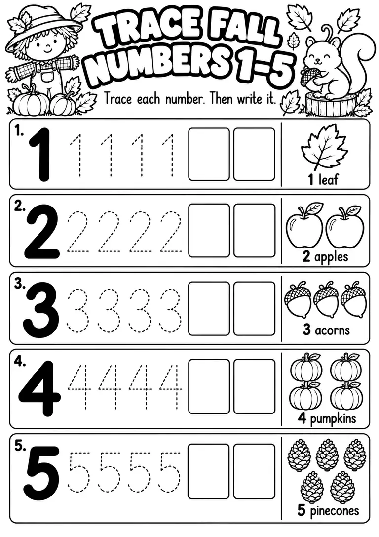 Trace Fall Numbers 1–5 for Pre-K, Kindergarten, 1st Grade
