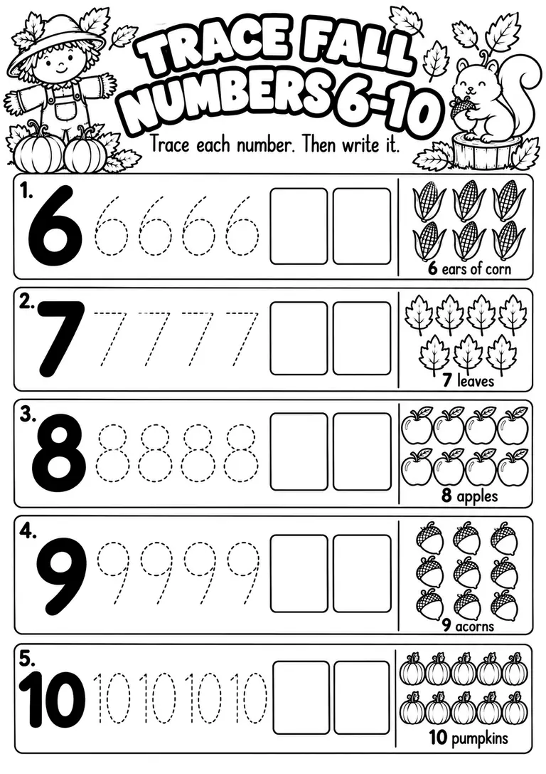 Trace Fall Numbers 6–10 for Pre-K, Kindergarten, 1st Grade