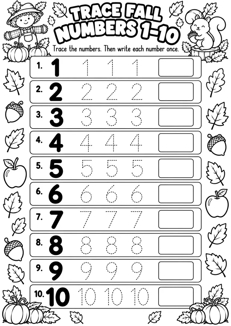 Trace Fall Numbers 1–10 for Pre-K, Kindergarten, 1st Grade