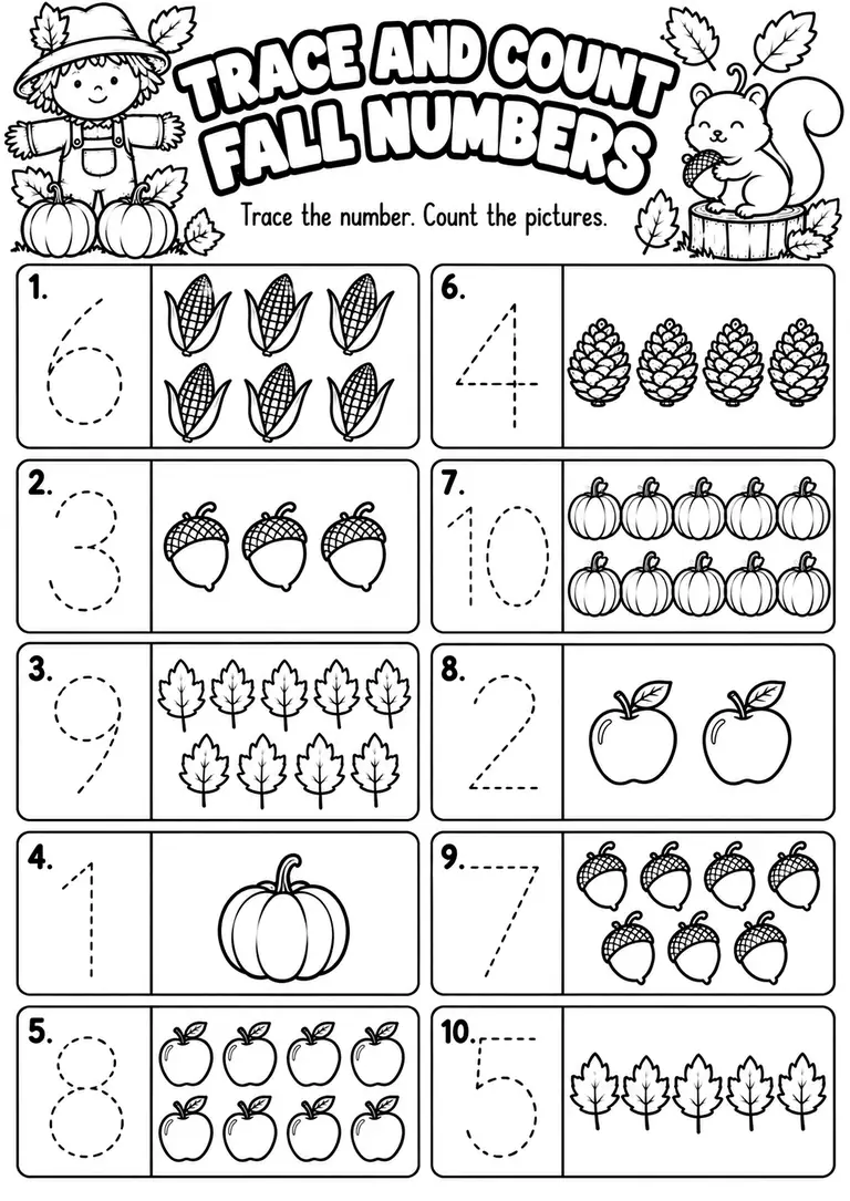 Trace and Count Fall Numbers WORKSHEET for Pre-K, Kindergarten, 1st Grade