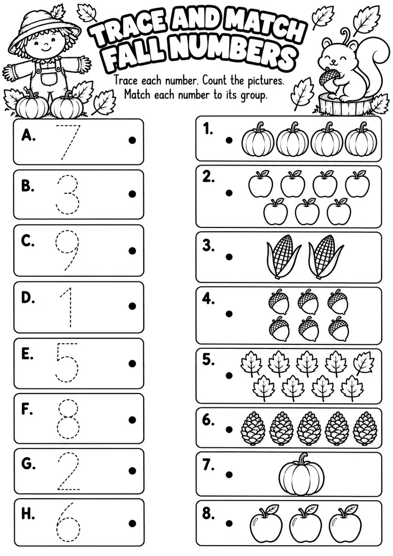 Trace and Match Fall Numbers for Pre-K, Kindergarten, 1st Grade