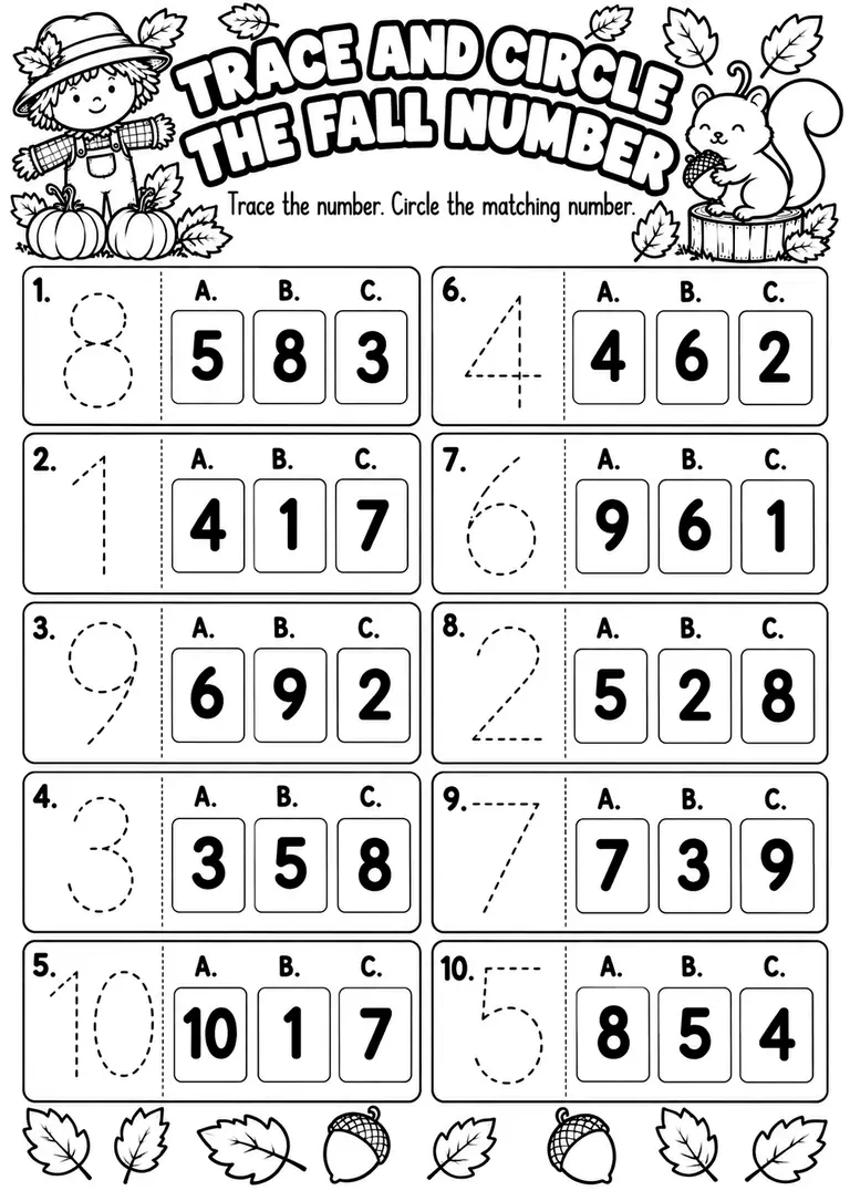 Trace and Circle the Fall Number for Pre-K, Kindergarten, 1st Grade