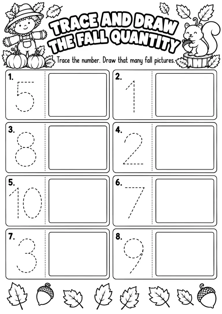Trace and Draw the Fall Quantity for Pre-K, Kindergarten, 1st Grade