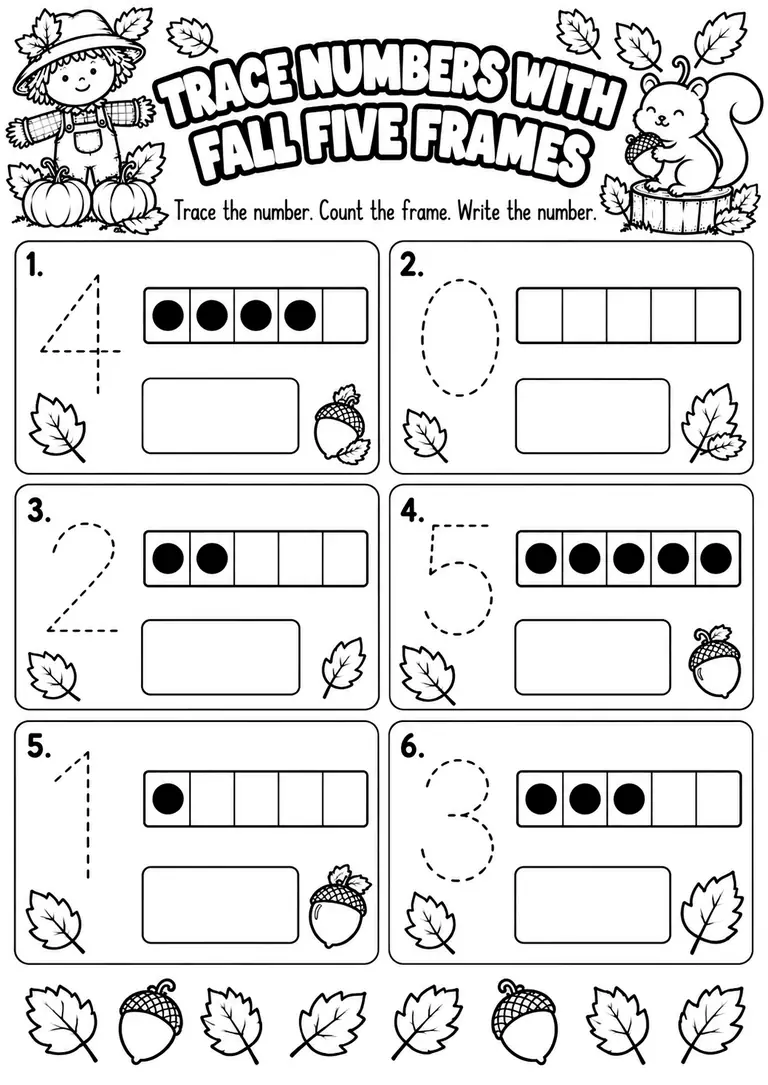Trace Numbers with Fall Five Frames for Pre-K, Kindergarten, 1st Grade