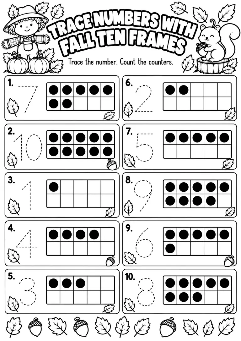 Trace Numbers with Fall Ten Frames for Pre-K, Kindergarten, 1st Grade