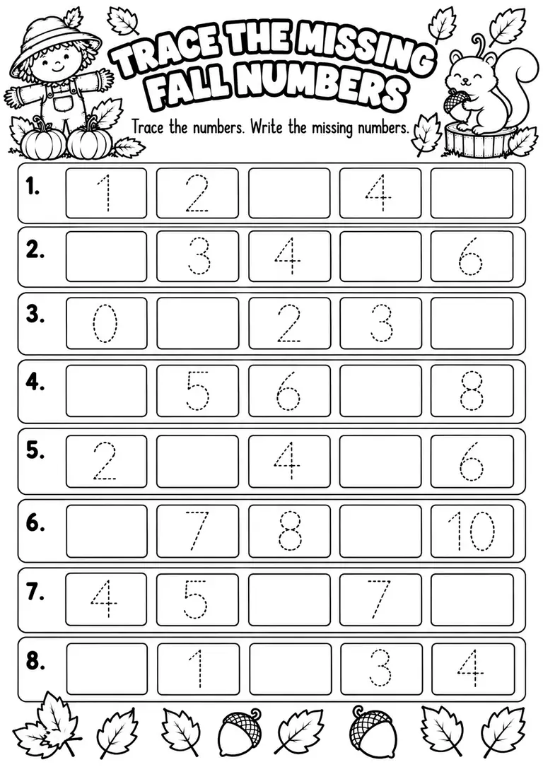 Trace the Missing Fall Numbers for Pre-K, Kindergarten, 1st Grade