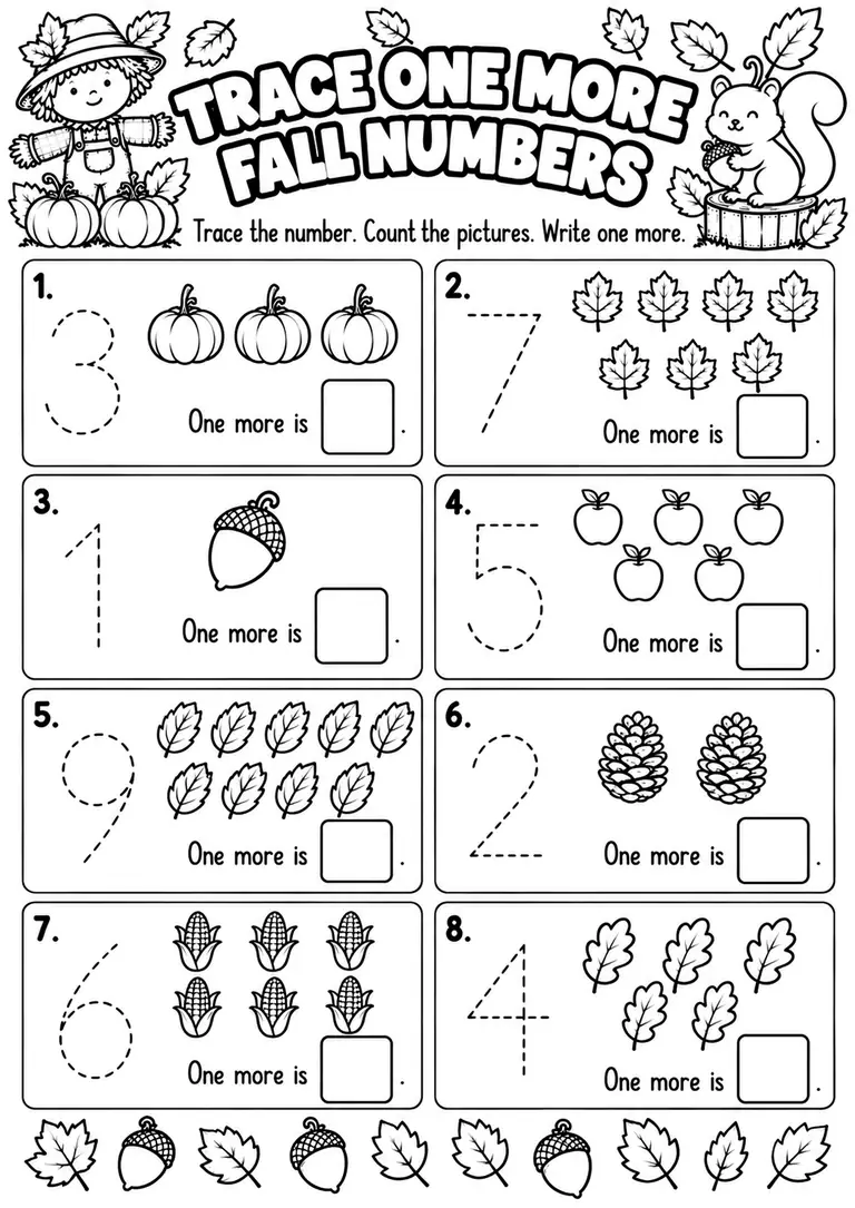 Trace One More Fall Numbers for Pre-K, Kindergarten, 1st Grade