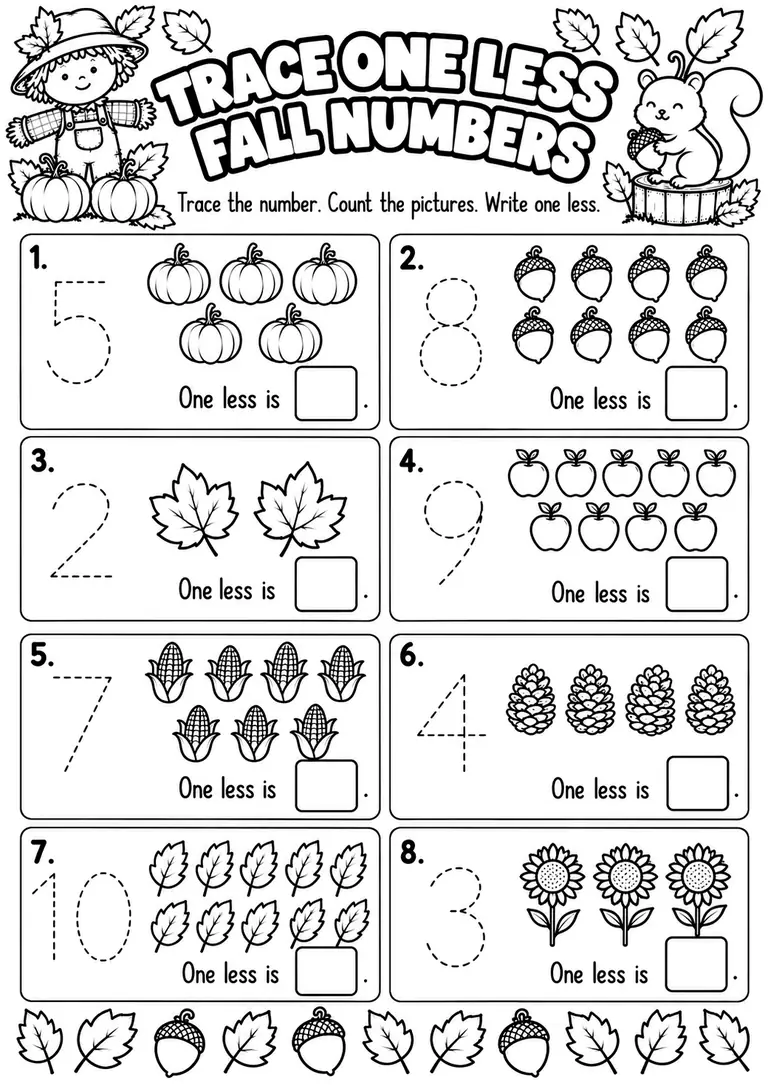 Trace One Less Fall Numbers for Pre-K, Kindergarten, 1st Grade