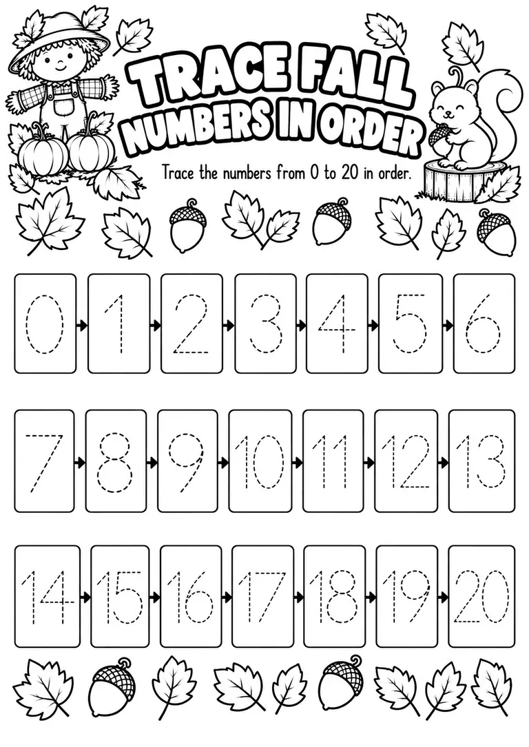 Trace Fall Numbers in Order for Pre-K, Kindergarten, 1st Grade