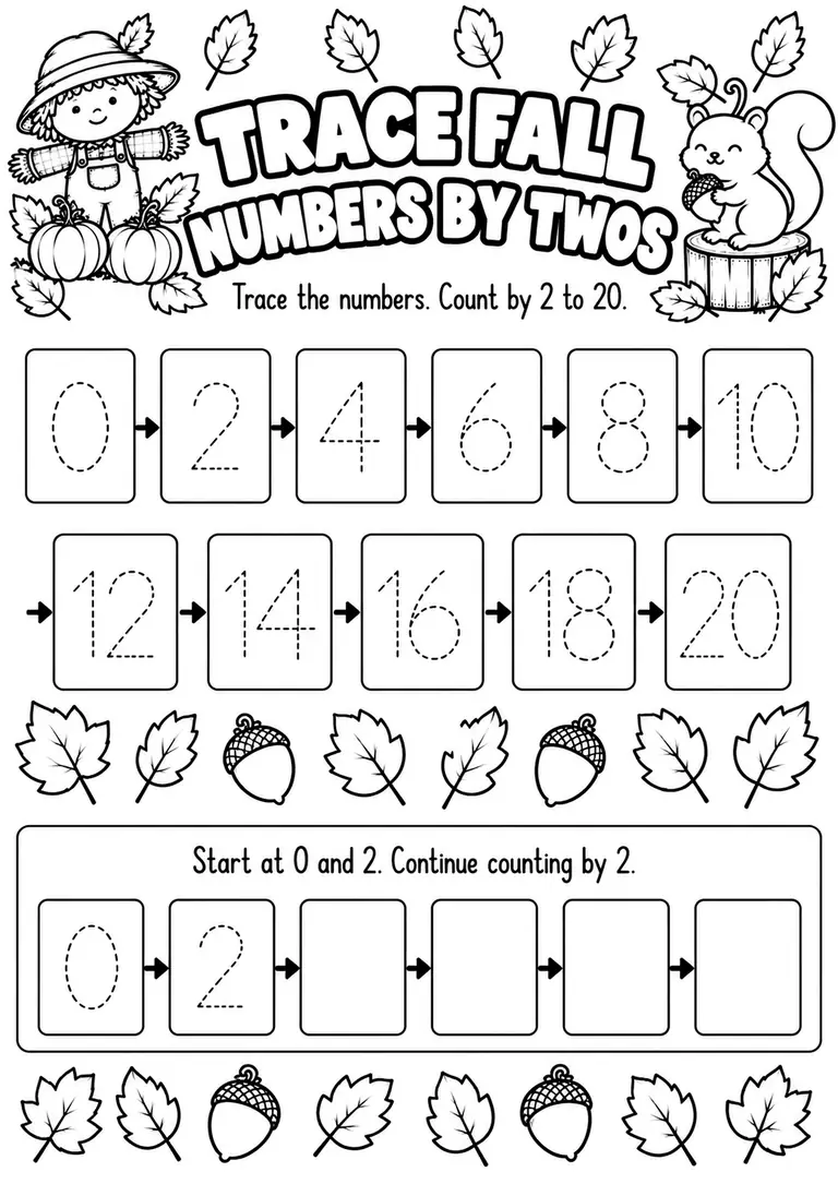 Trace Fall Numbers by Twos for Pre-K, Kindergarten, 1st Grade