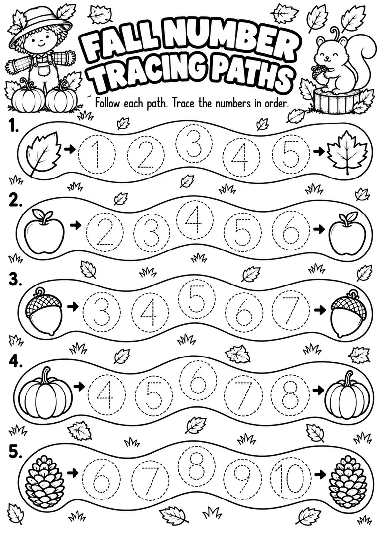 Fall Number Tracing Paths for Pre-K, Kindergarten, 1st Grade