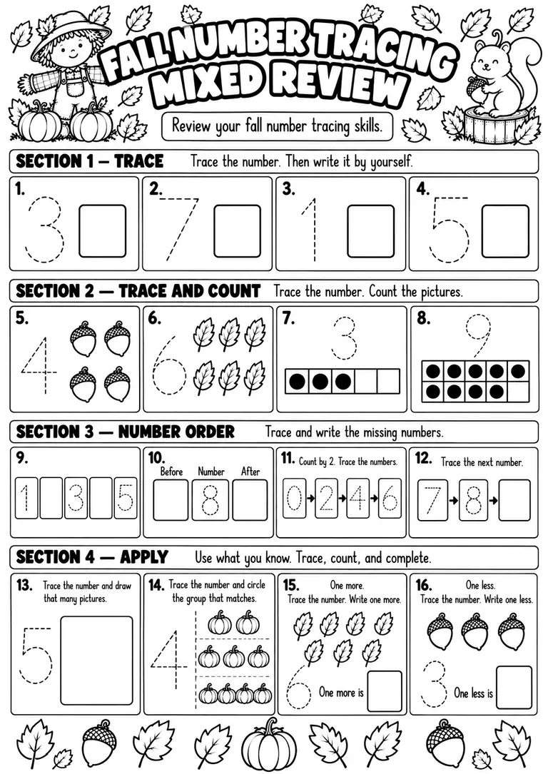 Fall Number Tracing Mixed Review for Pre-K, Kindergarten, 1st Grade