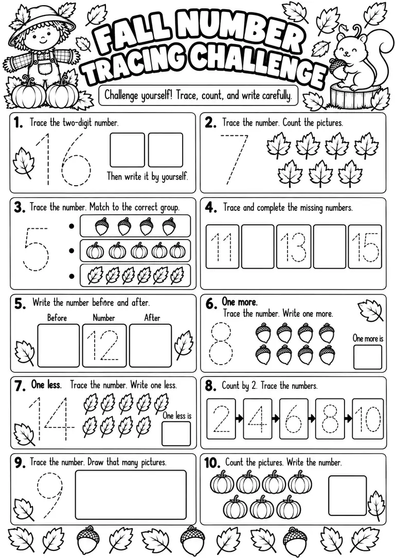 Fall Number Tracing Challenge for Pre-K, Kindergarten, 1st Grade