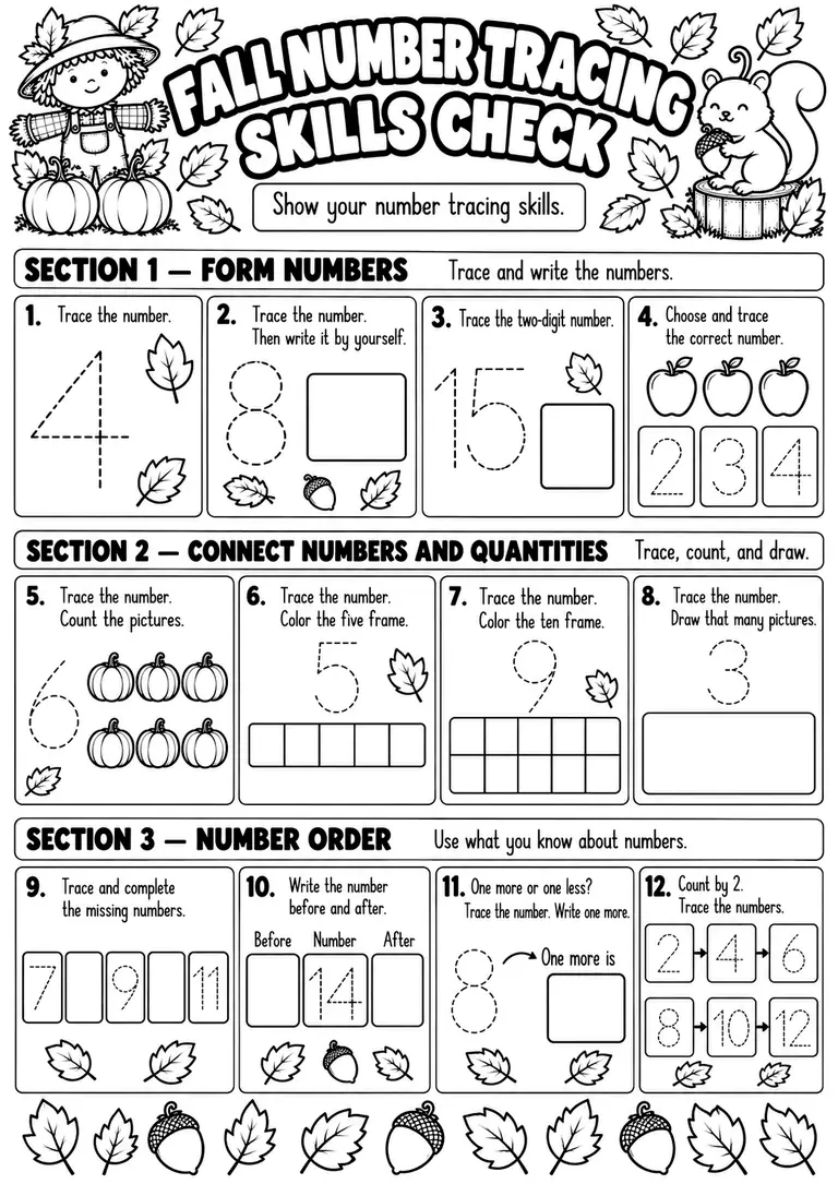 Fall Number Tracing Skills Check for Pre-K, Kindergarten, 1st Grade