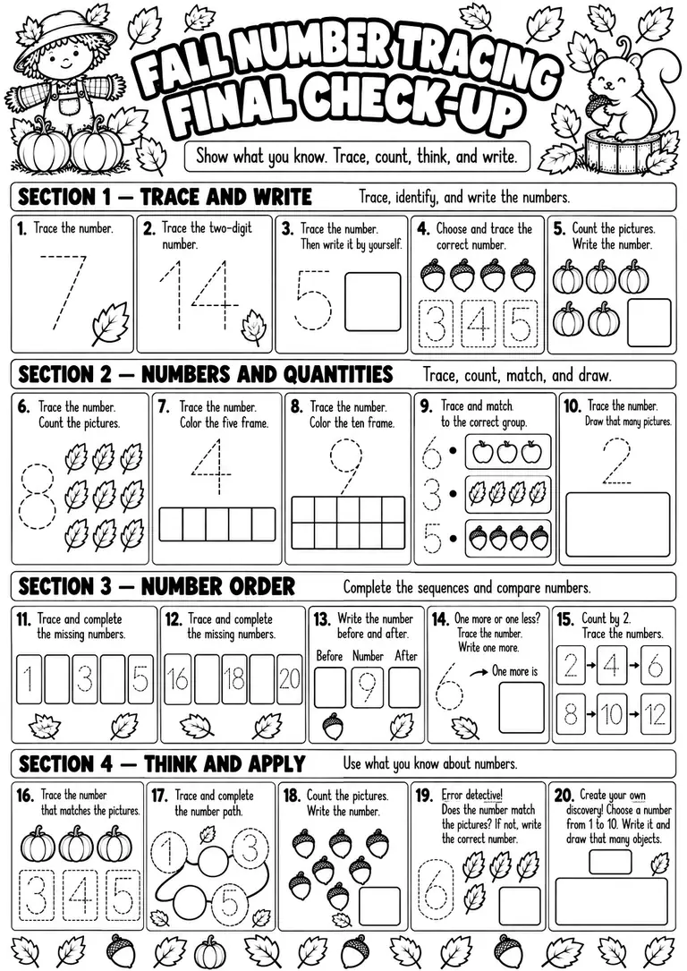 Fall Number Tracing Final Check-Up for Pre-K, Kindergarten, 1st Grade