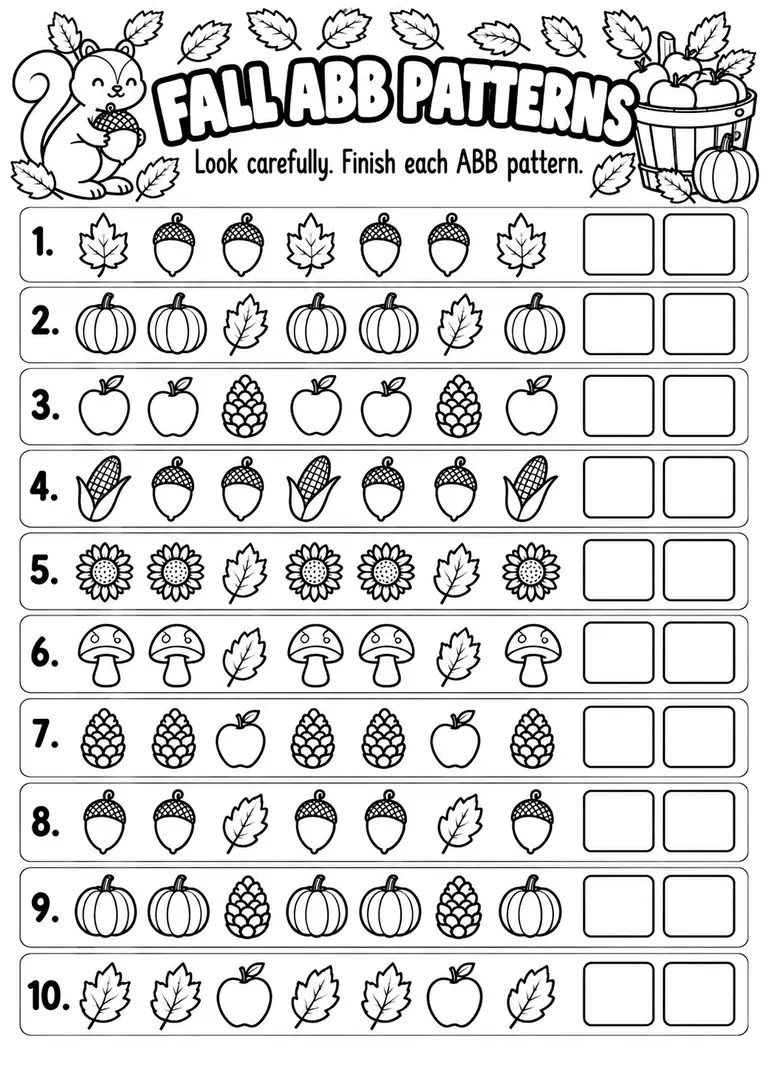 Fall ABB Patterns for Kindergarten, 1st Grade