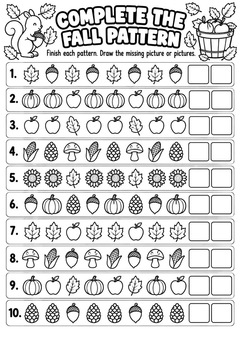 Complete the Fall Pattern for Kindergarten, 1st Grade
