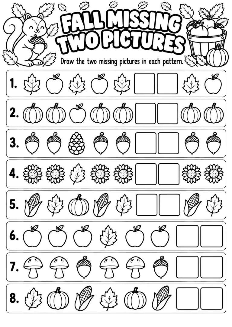 Fall Missing Two Pictures for Kindergarten, 1st Grade