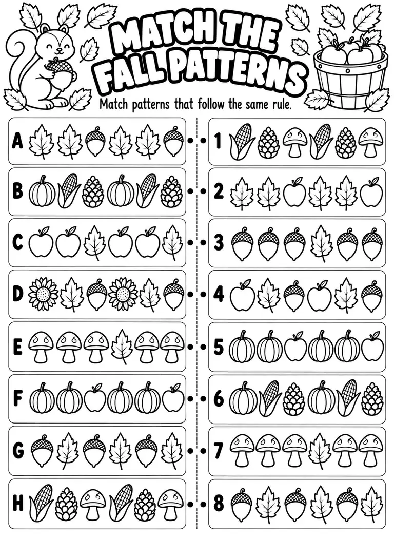 Match the Fall Patterns for Kindergarten, 1st Grade