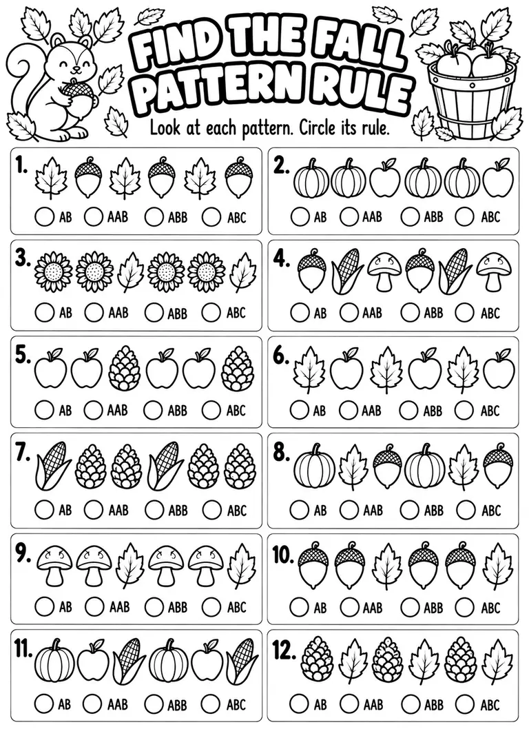 Find the Fall Pattern Rule for Kindergarten, 1st Grade