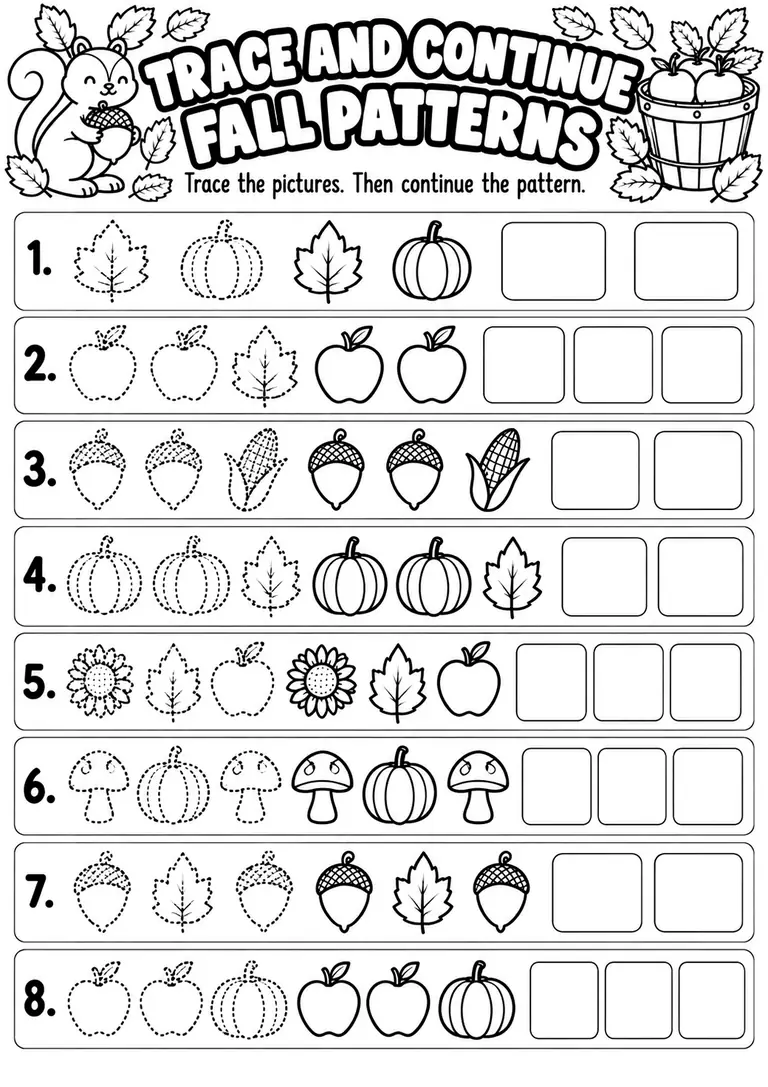 Trace and Continue Fall Patterns for Kindergarten, 1st Grade