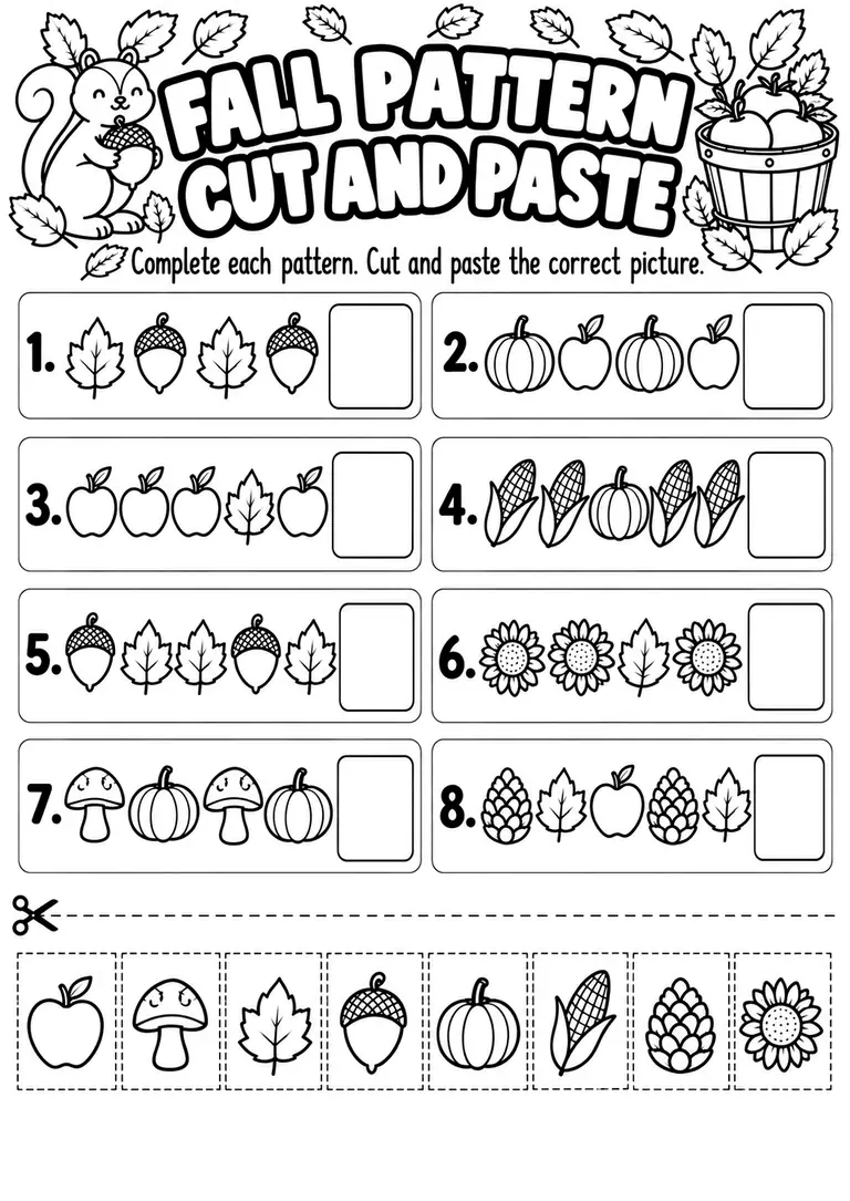 Fall Pattern Cut and Paste for Kindergarten, 1st Grade