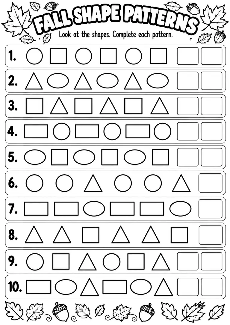 Fall Shape Patterns WORKSHEET for Kindergarten, 1st Grade