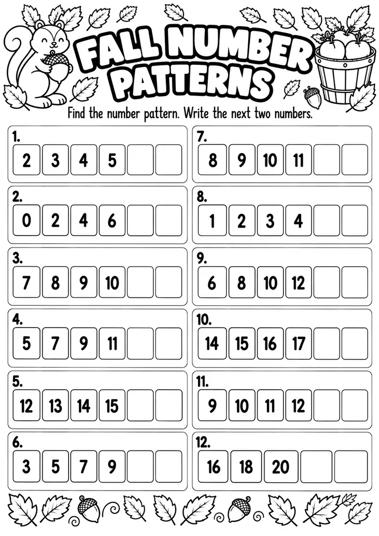Fall Number Patterns for Kindergarten, 1st Grade