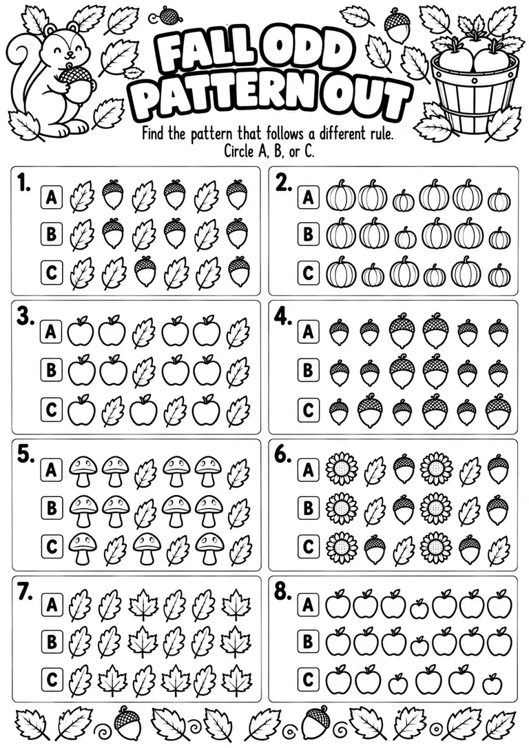Fall Odd Pattern Out for Kindergarten, 1st Grade