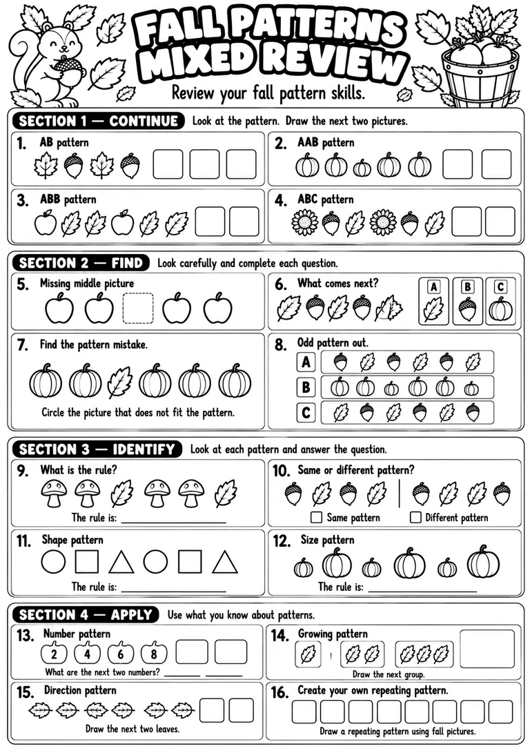 Fall Patterns Mixed Review for Kindergarten, 1st Grade