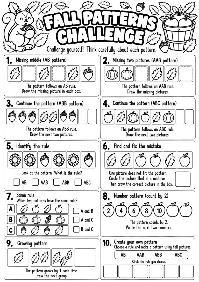 Fall Patterns Challenge for Kindergarten, 1st Grade