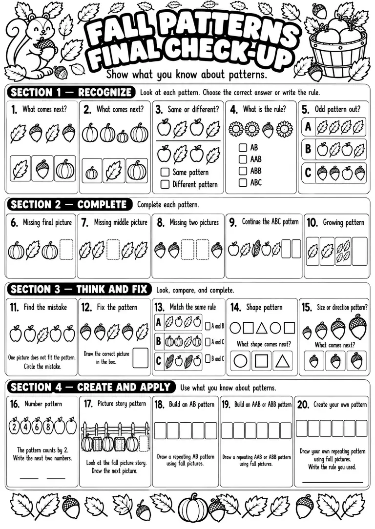 Fall Patterns Final Check-Up for Kindergarten, 1st Grade