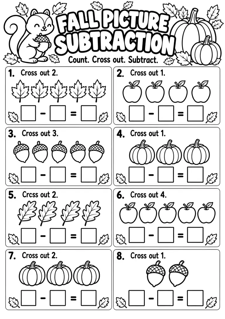 Fall Picture Subtraction WORKSHEET for Kindergarten, 1st Grade