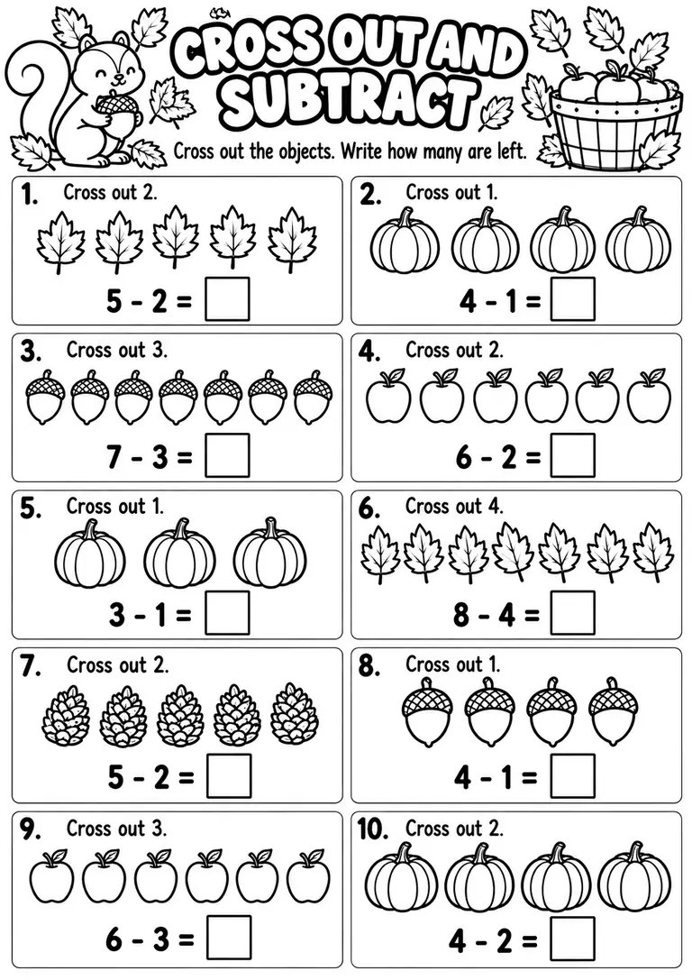Cross Out and Subtract Fall Objects for Kindergarten, 1st Grade