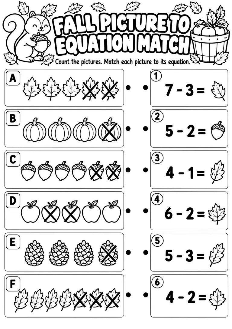 Fall Picture to Subtraction Equation Match for Kindergarten, 1st Grade