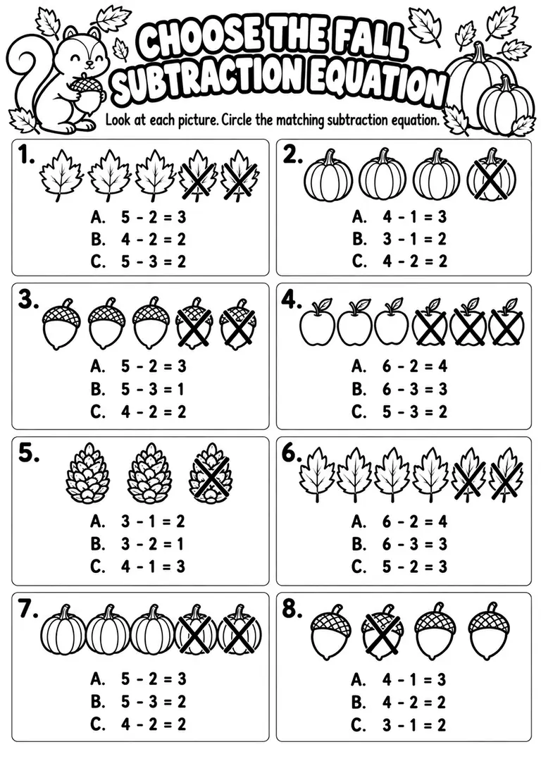 Choose the Fall Subtraction Equation for Kindergarten, 1st Grade