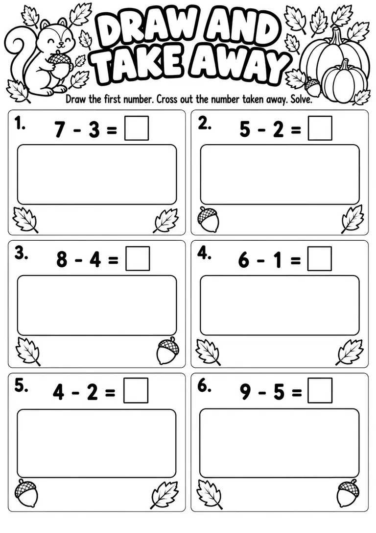 Draw and Take Away PRINTABLE for Kindergarten, 1st Grade