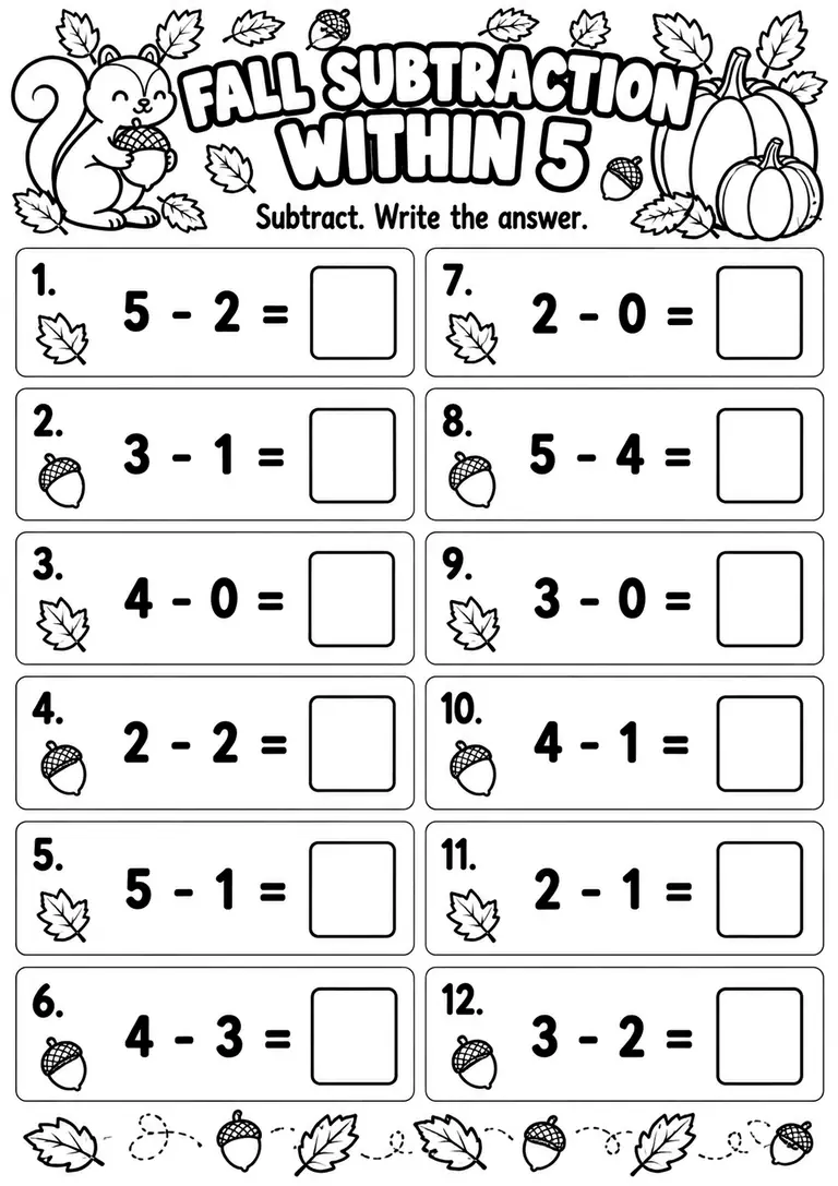 Fall Subtraction Within 5 for Kindergarten, 1st Grade