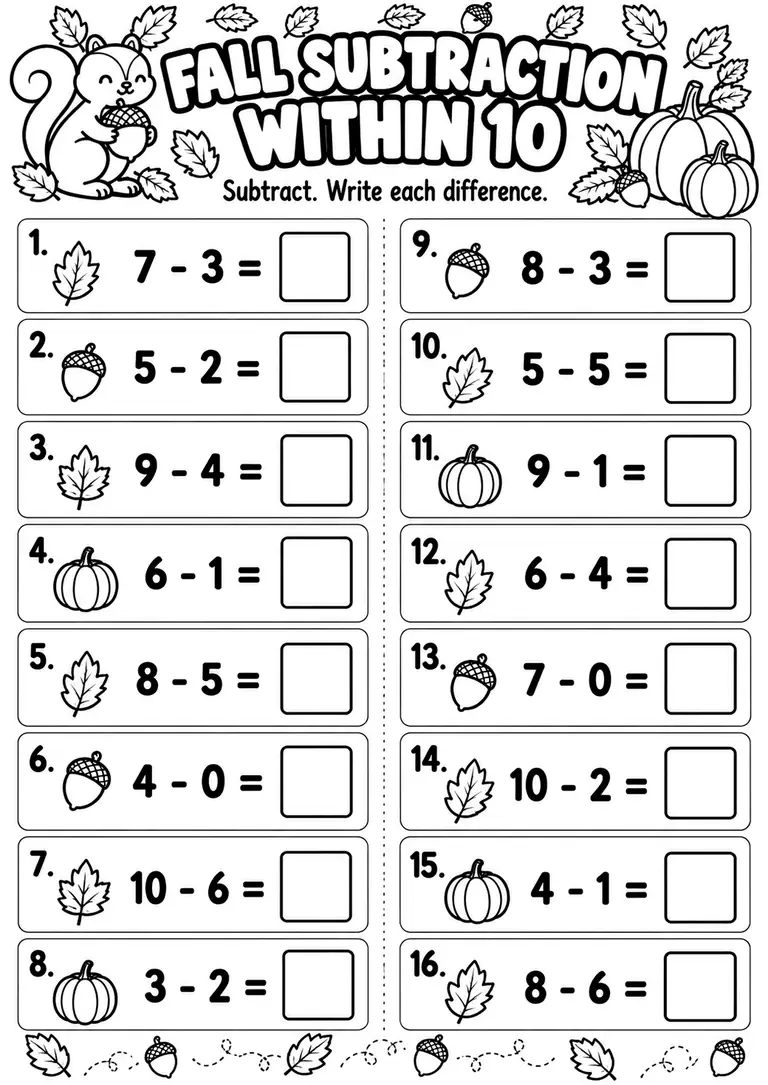 Fall Subtraction Within 10 PRINTABLE for Kindergarten, 1st Grade