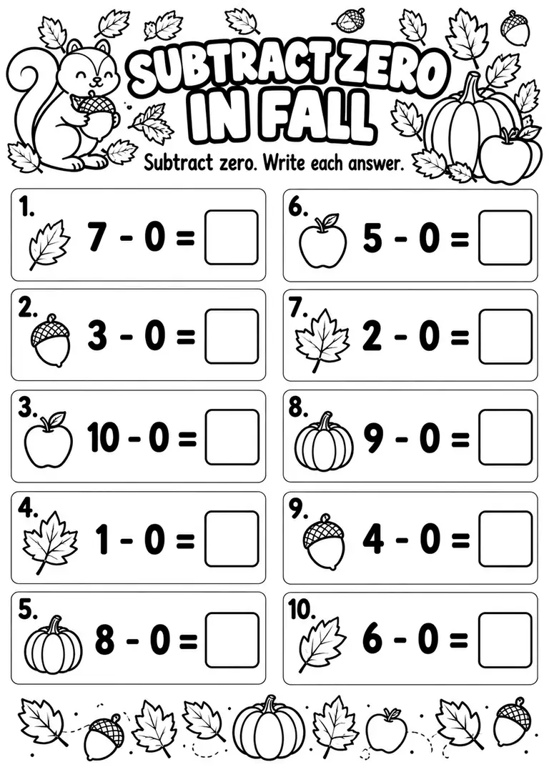 Subtract Zero in Fall for Kindergarten, 1st Grade