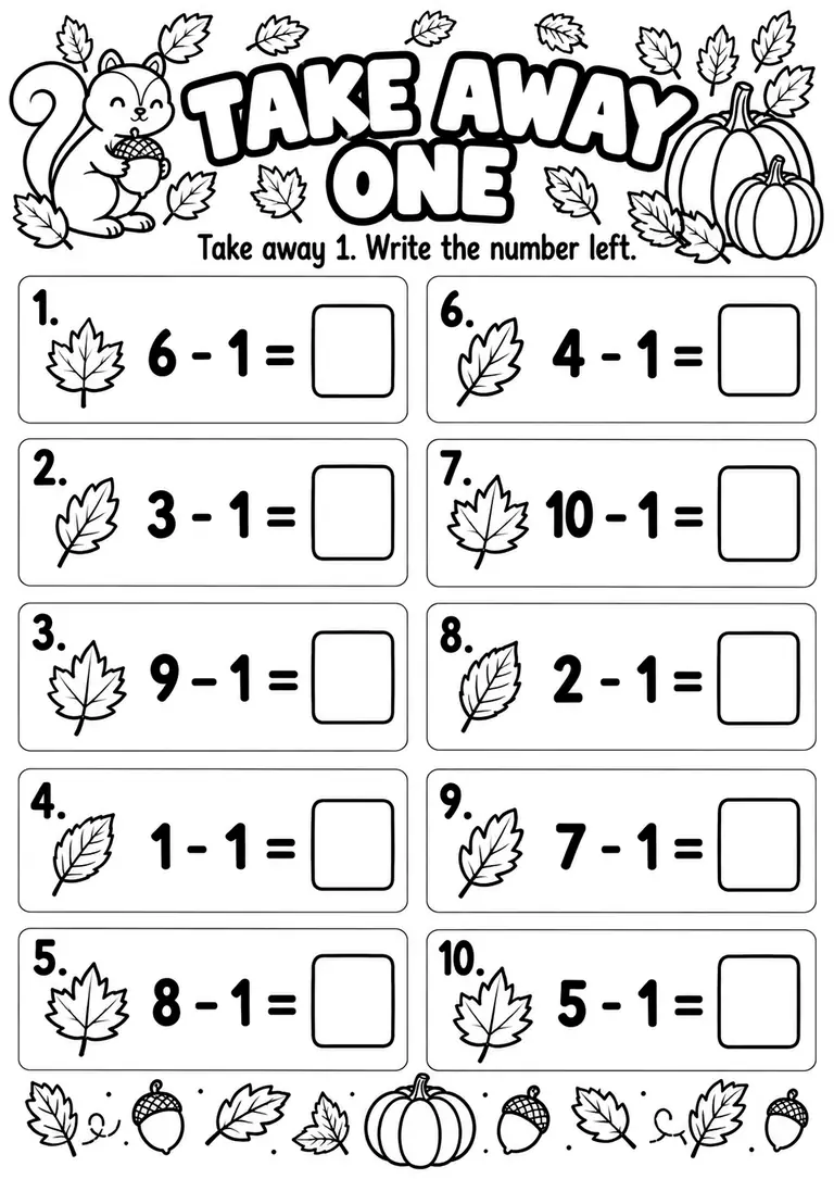 Take Away One WORKSHEET for Kindergarten, 1st Grade