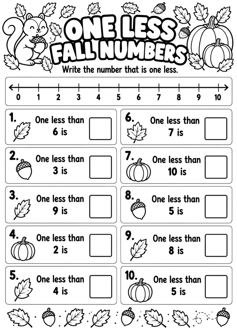 One Less Fall Numbers for Kindergarten, 1st Grade