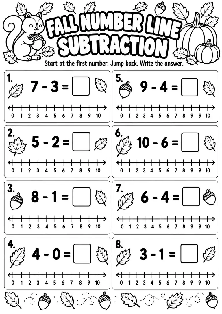 Fall Number Line Subtraction for Kindergarten, 1st Grade