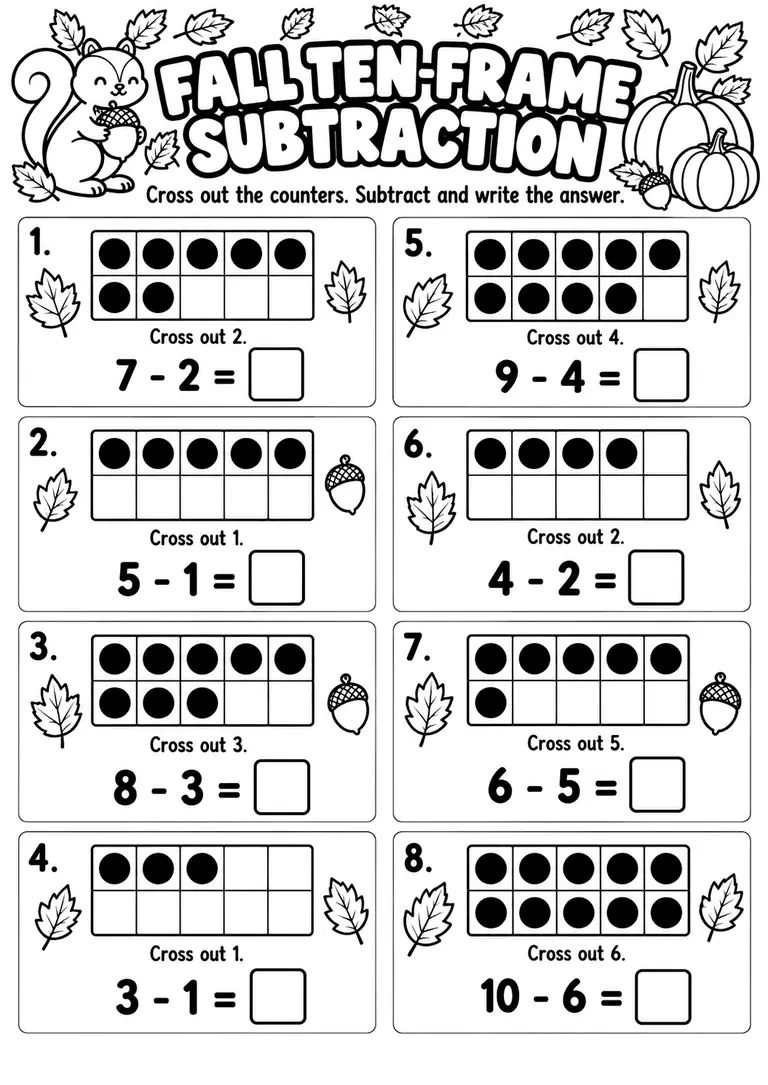 Fall Ten-Frame Subtraction for Kindergarten, 1st Grade