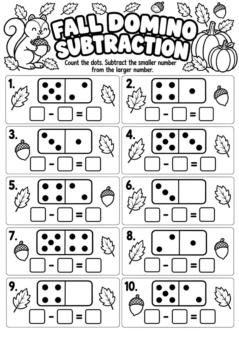 Fall Domino Subtraction for Kindergarten, 1st Grade