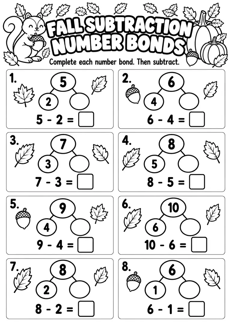 Fall Subtraction Number Bonds for Kindergarten, 1st Grade