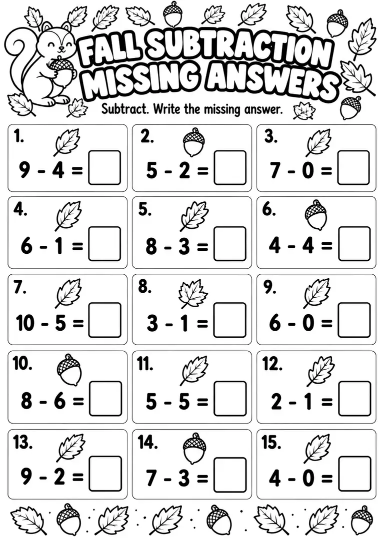 Fall Subtraction Missing Answers for Kindergarten, 1st Grade