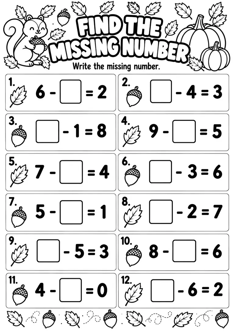 Find the Missing Number in Fall Subtraction for Kindergarten, 1st Grade